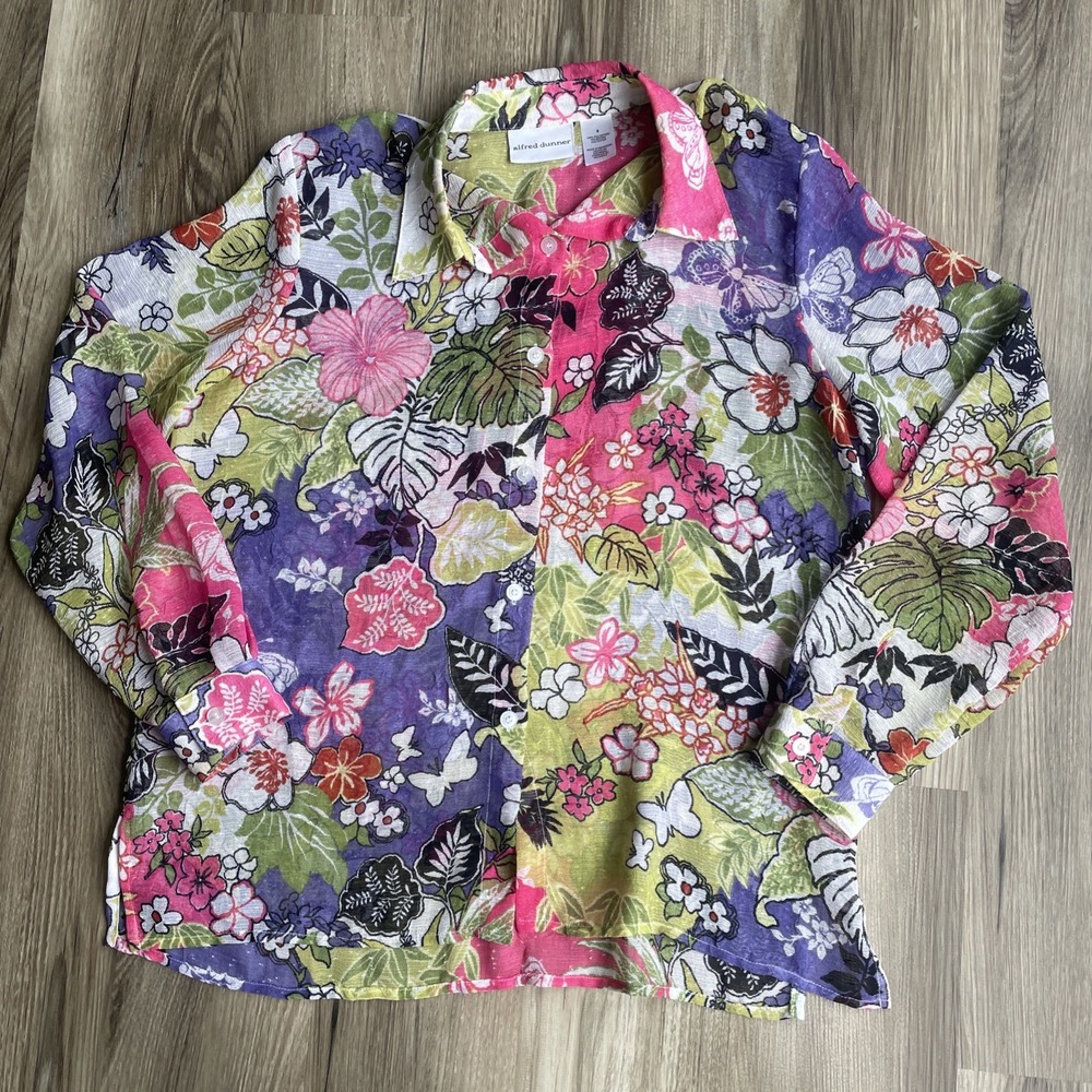 Gauzy Floral Hippie Button Up Shirt‎ Women's Size S Trippy Pink Purple Sheer Top